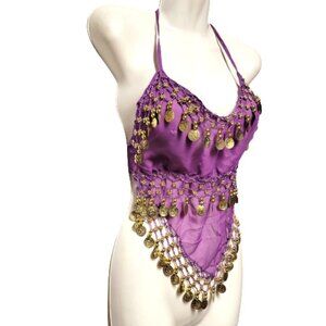 Purple Belly Dancing Top Crocheted with Gold Beads Coins Halter Crop Top